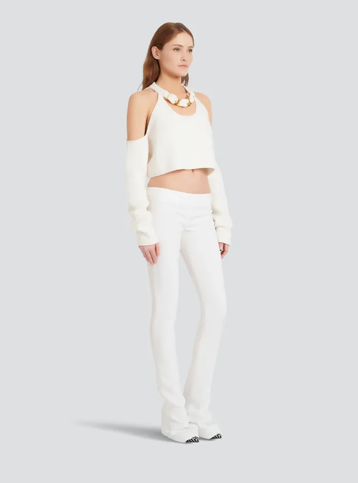 Balmain Knitwear Womens Cropped Knit Sweater White Balmain Knitwear Womens Cropped Knit Sweater White