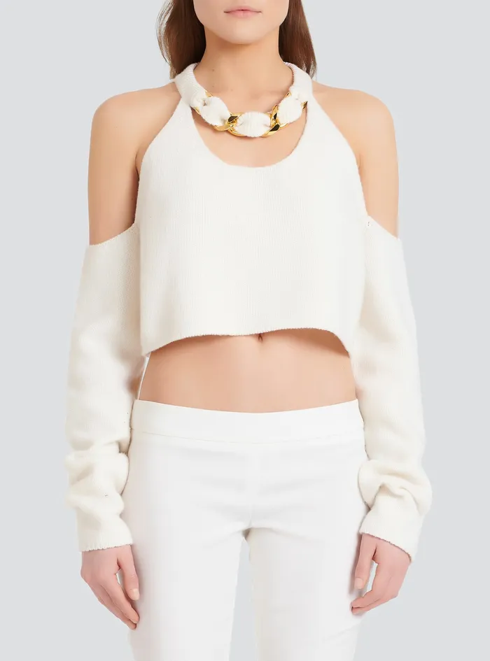 Balmain Knitwear Womens Cropped Knit Sweater White Balmain Knitwear Womens Cropped Knit Sweater White