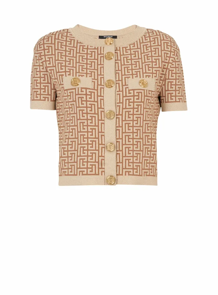 Balmain Knitwear Womens Cropped Sparkly Knit Cardigan With Balmain Monogram Beige Balmain Knitwear Womens Cropped Sparkly Knit Cardigan With Balmain Monogram Beige