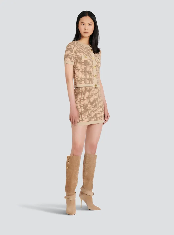 Balmain Knitwear Womens Cropped Sparkly Knit Cardigan With Balmain Monogram Beige Balmain Knitwear Womens Cropped Sparkly Knit Cardigan With Balmain Monogram Beige