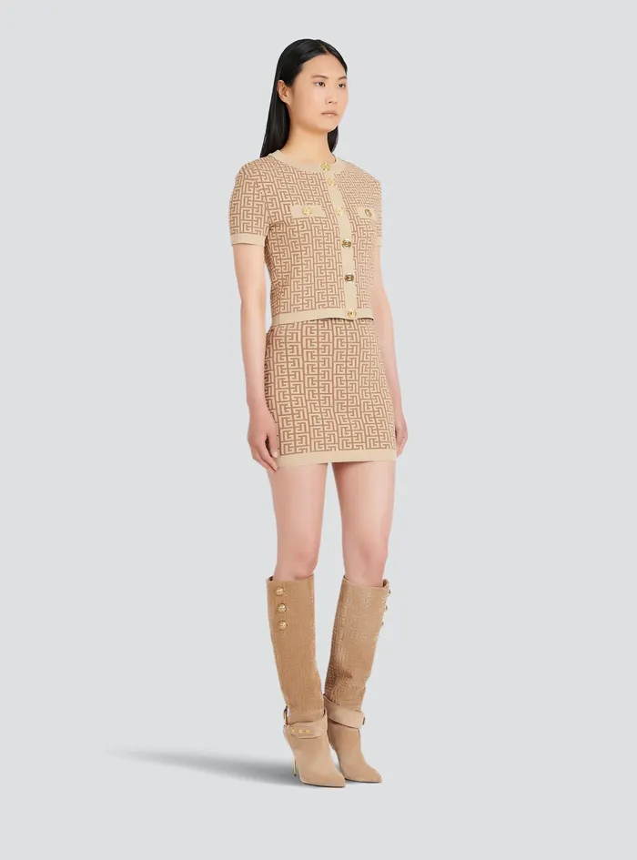Balmain Knitwear Womens Cropped Sparkly Knit Cardigan With Balmain Monogram Beige Balmain Knitwear Womens Cropped Sparkly Knit Cardigan With Balmain Monogram Beige