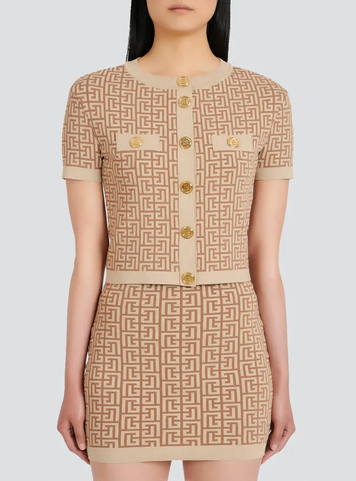 Balmain Knitwear Womens Cropped Sparkly Knit Cardigan With Balmain Monogram Beige Balmain Knitwear Womens Cropped Sparkly Knit Cardigan With Balmain Monogram Beige