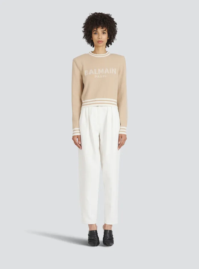 Balmain Knitwear Womens Cropped Wool Sweatshirt With Balmain Logo Beige Balmain Knitwear Womens Cropped Wool Sweatshirt With Balmain Logo Beige
