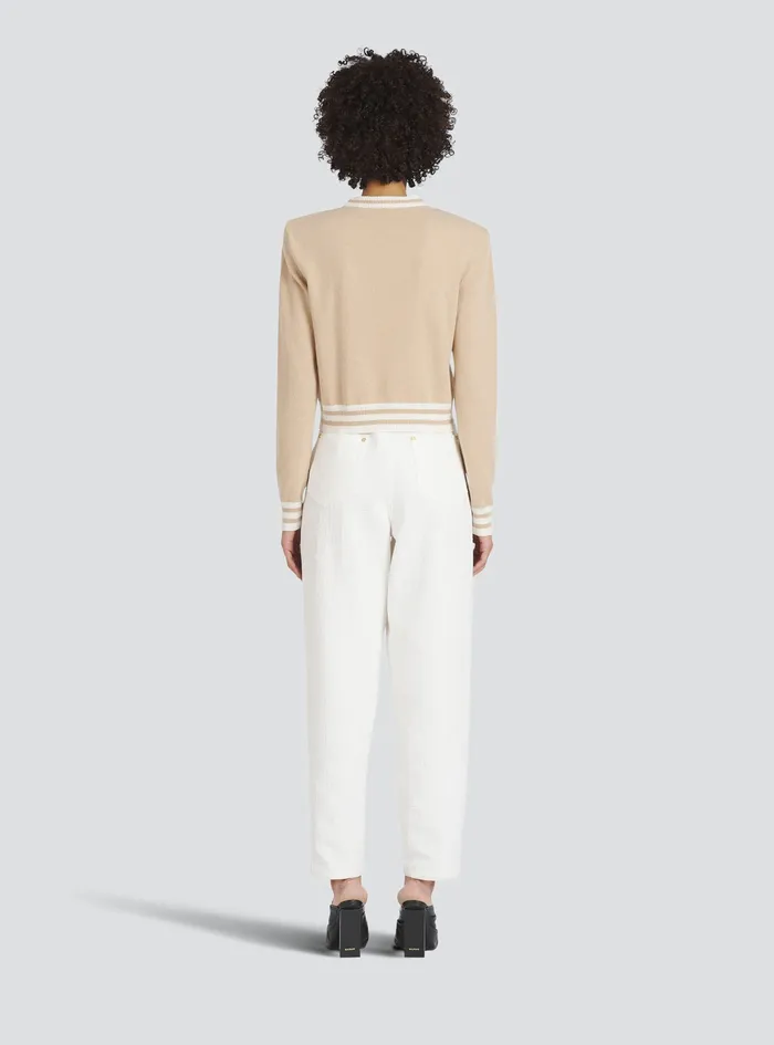 Balmain Knitwear Womens Cropped Wool Sweatshirt With Balmain Logo Beige Balmain Knitwear Womens Cropped Wool Sweatshirt With Balmain Logo Beige
