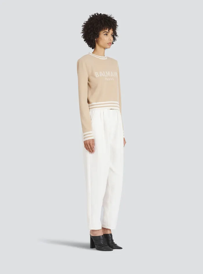 Balmain Knitwear Womens Cropped Wool Sweatshirt With Balmain Logo Beige Balmain Knitwear Womens Cropped Wool Sweatshirt With Balmain Logo Beige