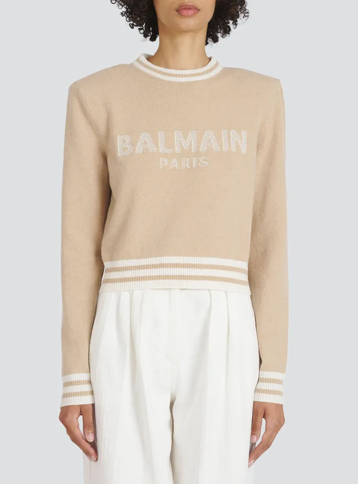 Balmain Knitwear Womens Cropped Wool Sweatshirt With Balmain Logo Beige Balmain Knitwear Womens Cropped Wool Sweatshirt With Balmain Logo Beige