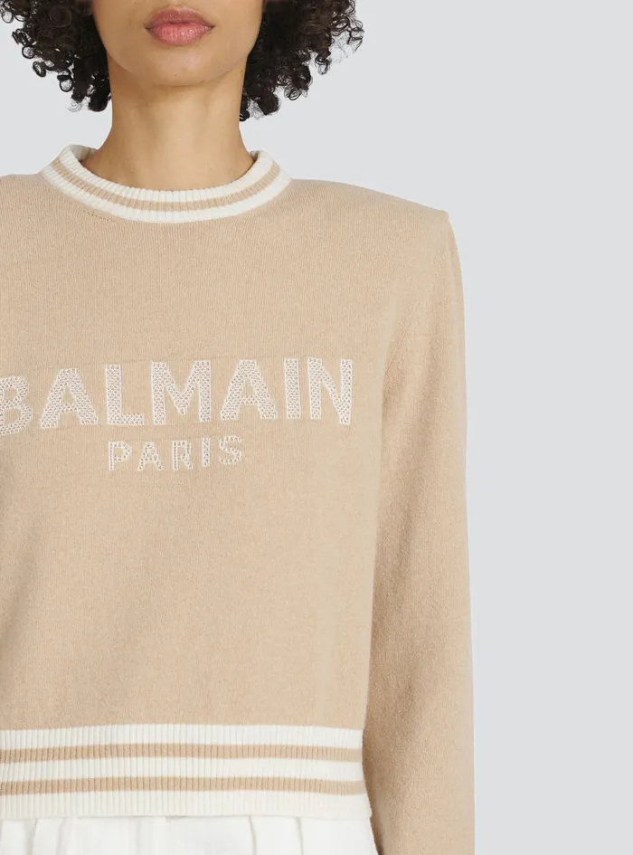 Balmain Knitwear Womens Cropped Wool Sweatshirt With Balmain Logo Beige Balmain Knitwear Womens Cropped Wool Sweatshirt With Balmain Logo Beige
