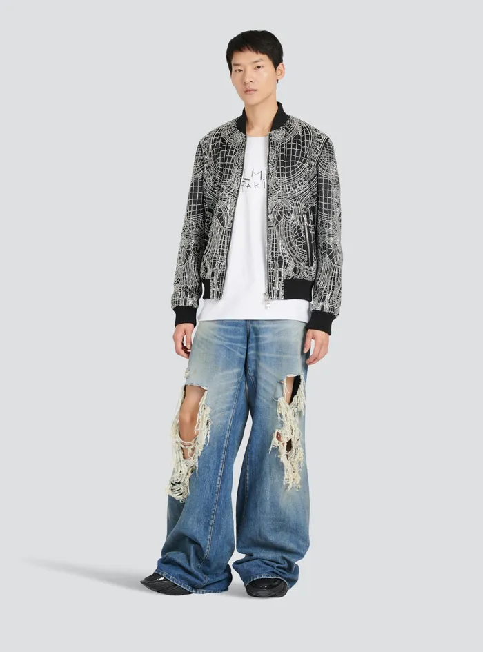 Balmain Outerwear Mens Embroidered Silk Bomber Jacket Silver Balmain Outerwear Mens Embroidered Silk Bomber Jacket Silver