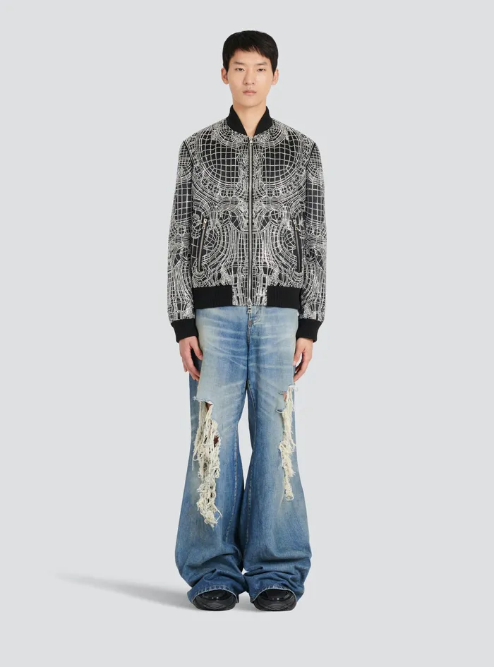 Balmain Outerwear Mens Embroidered Silk Bomber Jacket Silver Balmain Outerwear Mens Embroidered Silk Bomber Jacket Silver