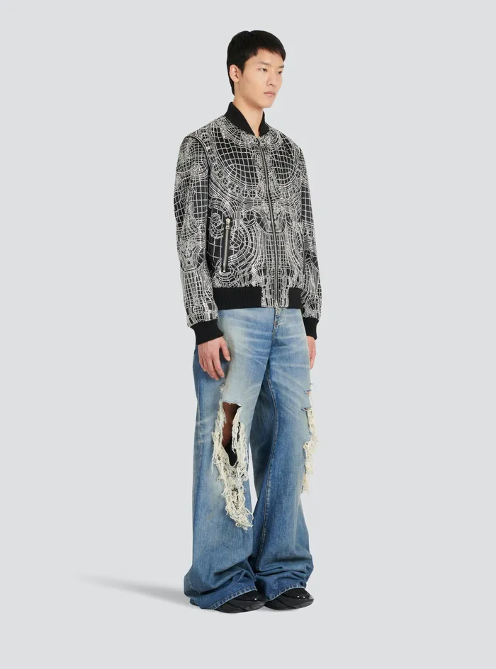 Balmain Outerwear Mens Embroidered Silk Bomber Jacket Silver Balmain Outerwear Mens Embroidered Silk Bomber Jacket Silver