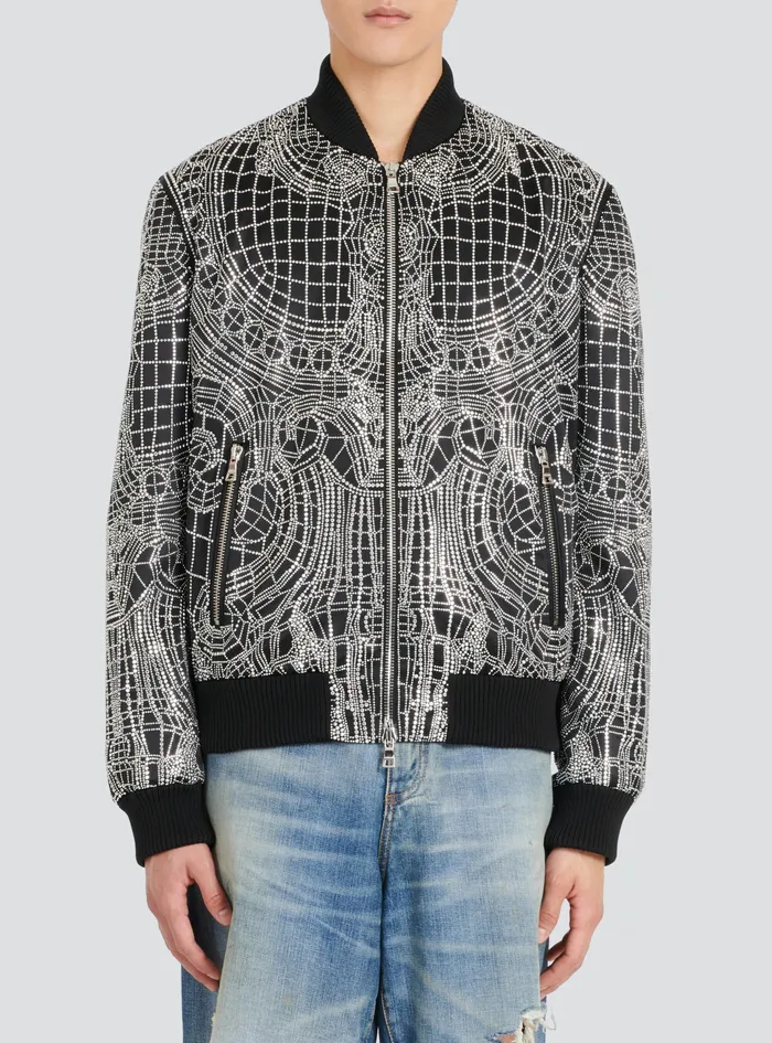 Balmain Outerwear Mens Embroidered Silk Bomber Jacket Silver Balmain Outerwear Mens Embroidered Silk Bomber Jacket Silver
