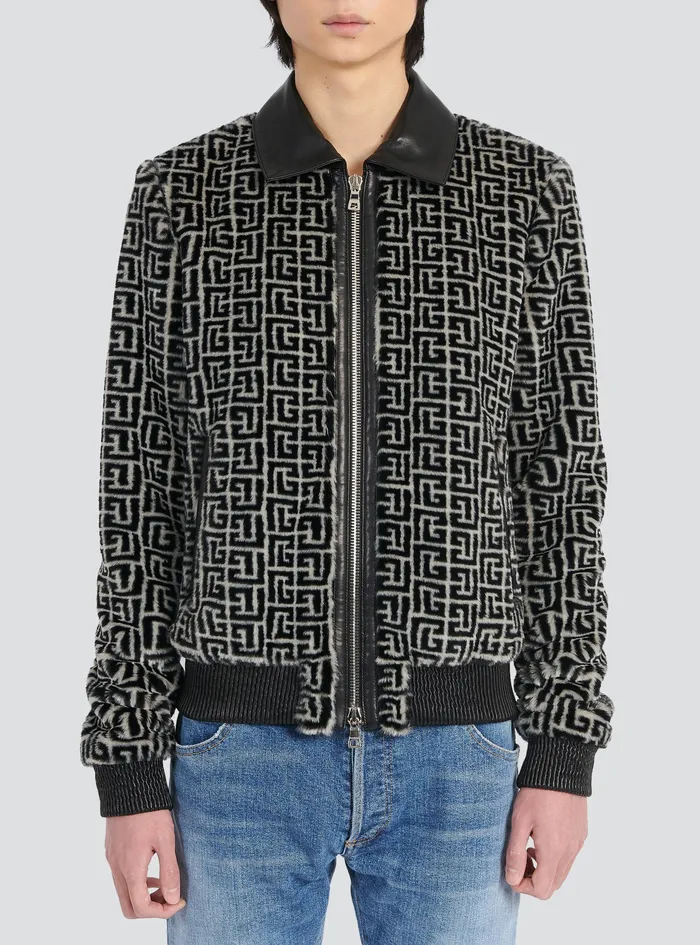 Balmain Outerwear Mens Faux Fur Bomber Jacket With Balmain Monogram Black Balmain Outerwear Mens Faux Fur Bomber Jacket With Balmain Monogram Black