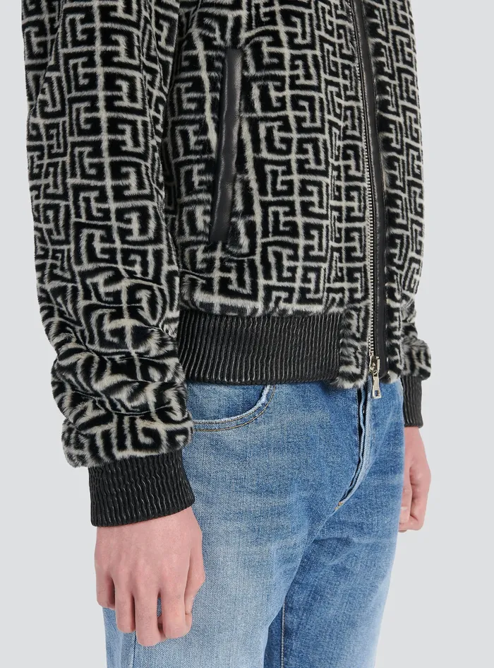 Balmain Outerwear Mens Faux Fur Bomber Jacket With Balmain Monogram Black Balmain Outerwear Mens Faux Fur Bomber Jacket With Balmain Monogram Black