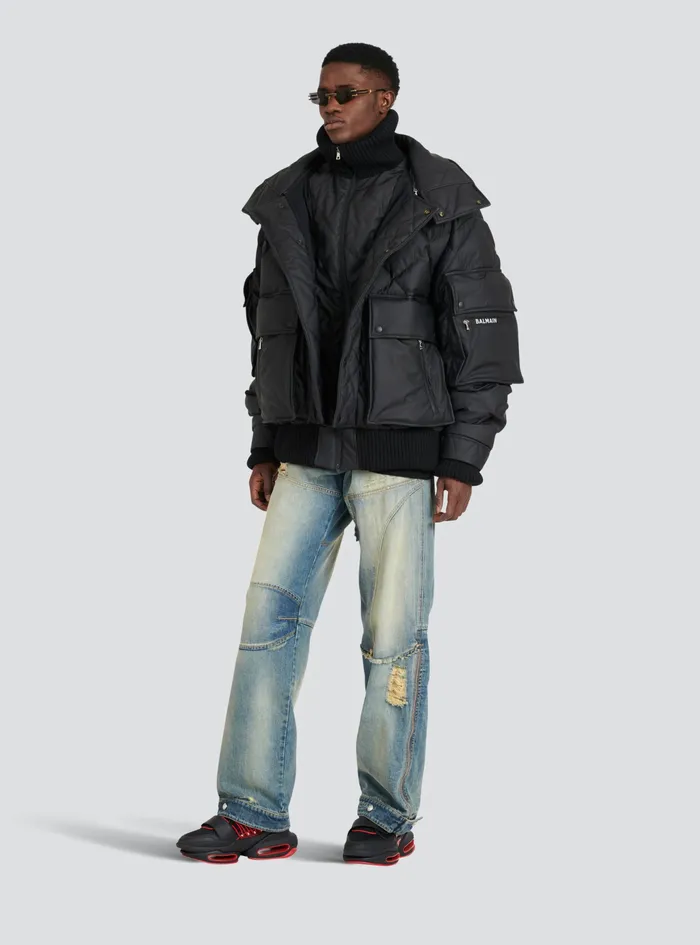 Balmain Outerwear Mens Hooded Faux Leather Quilted Jacket Black