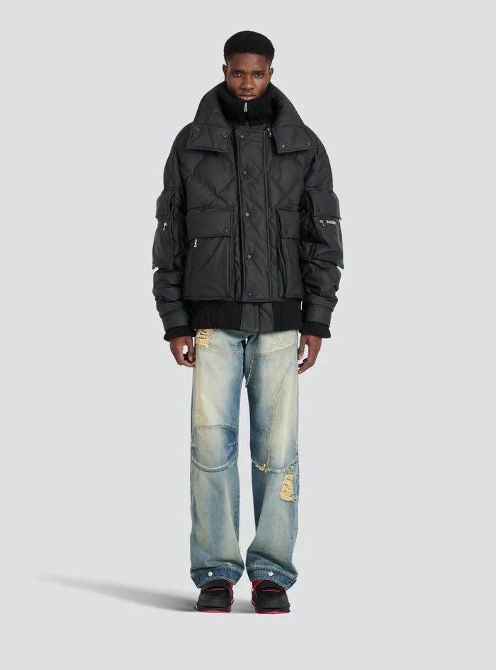 Balmain Outerwear Mens Hooded Faux Leather Quilted Jacket Black