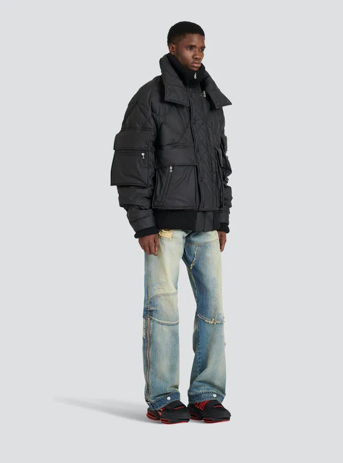 Balmain Outerwear Mens Hooded Faux Leather Quilted Jacket Black