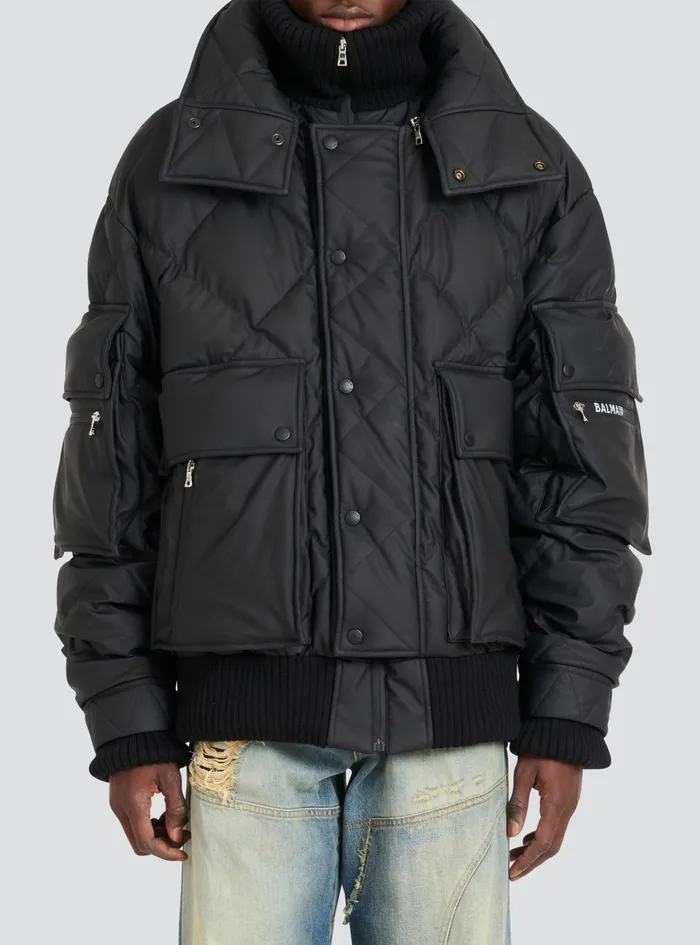 Balmain Outerwear Mens Hooded Faux Leather Quilted Jacket Black
