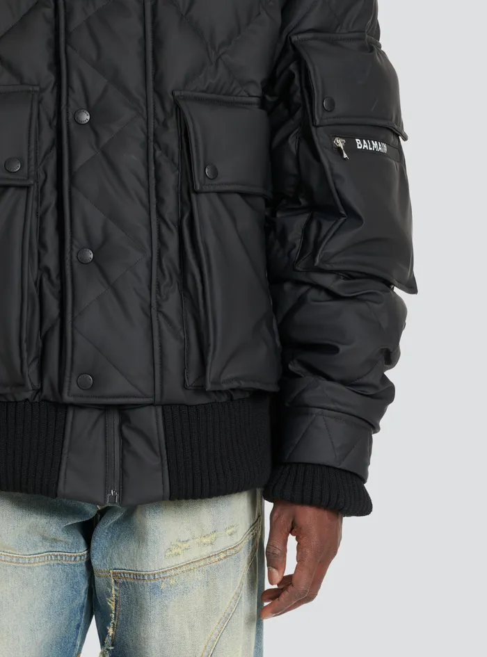 Balmain Outerwear Mens Hooded Faux Leather Quilted Jacket Black