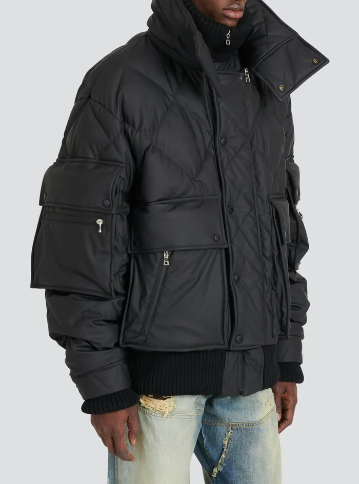 Balmain Outerwear Mens Hooded Faux Leather Quilted Jacket Black