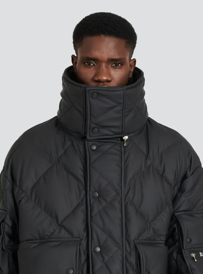 Balmain Outerwear Mens Hooded Faux Leather Quilted Jacket Black