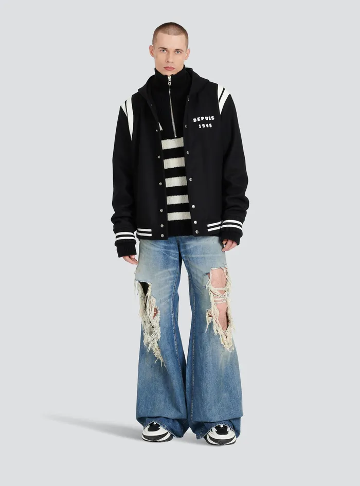 Balmain Outerwear Mens Hooded Wool Teddy Jacket Black