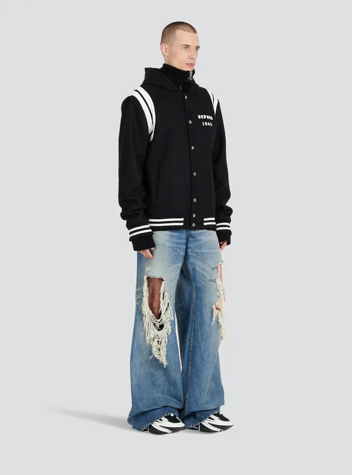 Balmain Outerwear Mens Hooded Wool Teddy Jacket Black