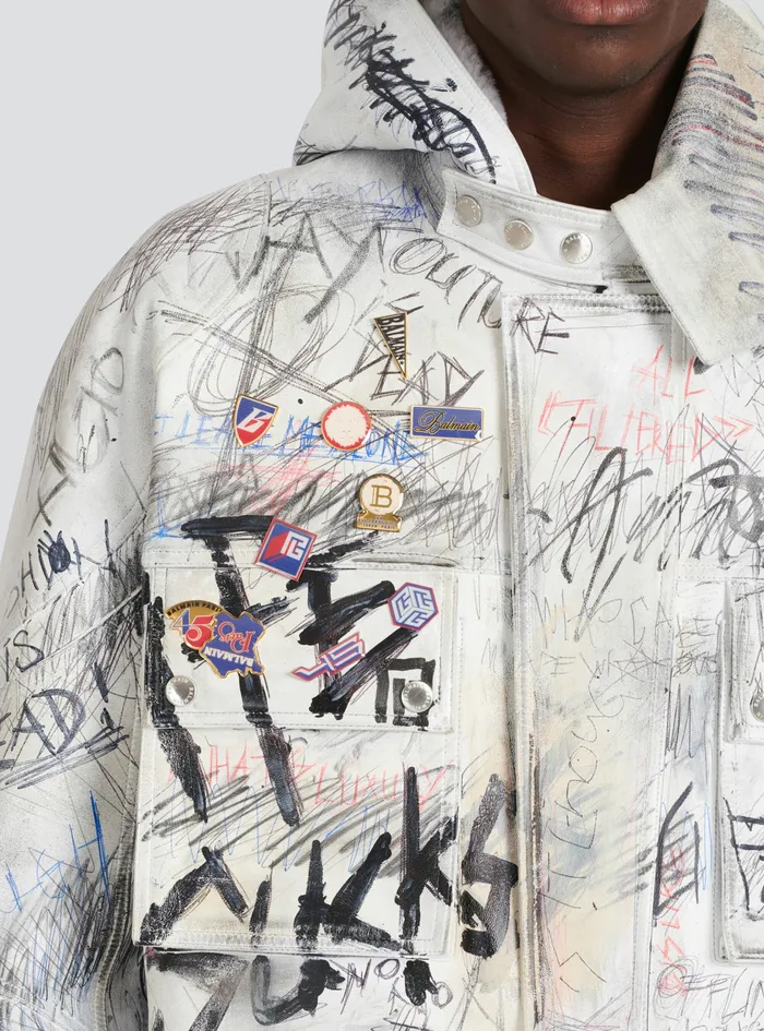 Balmain Outerwear Mens Leather Graffiti Aviator Jacket White Balmain Outerwear Mens Leather Graffiti Aviator Jacket White