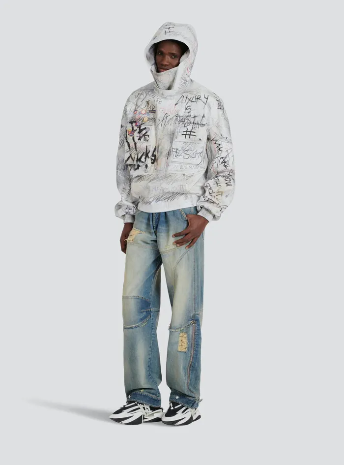 Balmain Outerwear Mens Leather Graffiti Aviator Jacket White Balmain Outerwear Mens Leather Graffiti Aviator Jacket White