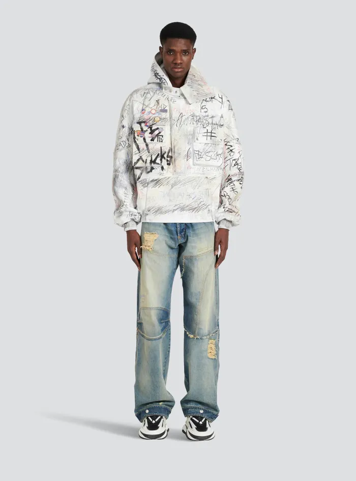 Balmain Outerwear Mens Leather Graffiti Aviator Jacket White Balmain Outerwear Mens Leather Graffiti Aviator Jacket White