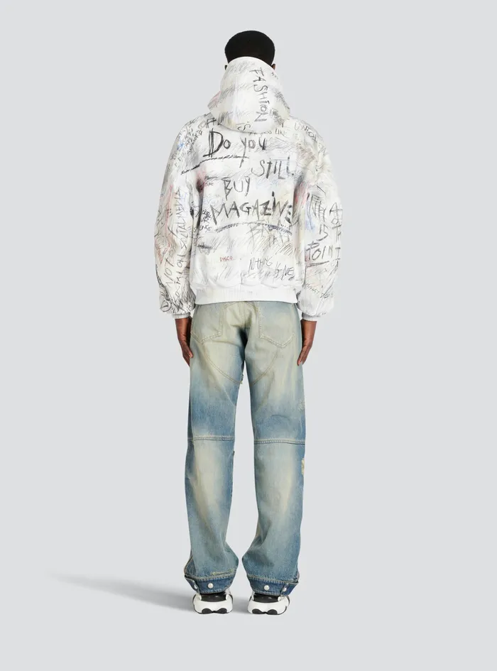 Balmain Outerwear Mens Leather Graffiti Aviator Jacket White Balmain Outerwear Mens Leather Graffiti Aviator Jacket White