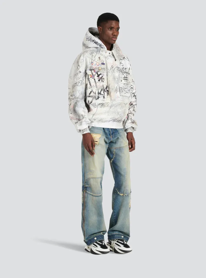 Balmain Outerwear Mens Leather Graffiti Aviator Jacket White Balmain Outerwear Mens Leather Graffiti Aviator Jacket White