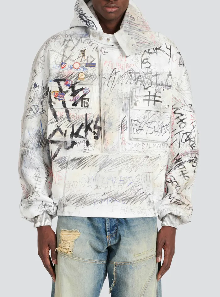 Balmain Outerwear Mens Leather Graffiti Aviator Jacket White Balmain Outerwear Mens Leather Graffiti Aviator Jacket White
