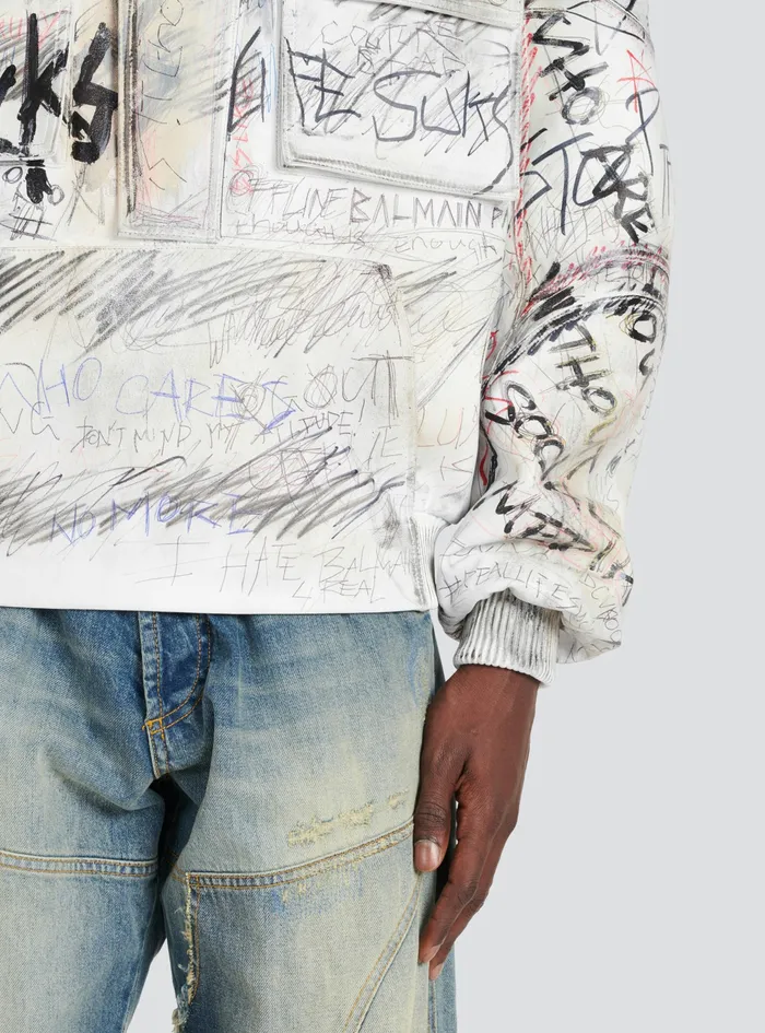 Balmain Outerwear Mens Leather Graffiti Aviator Jacket White Balmain Outerwear Mens Leather Graffiti Aviator Jacket White