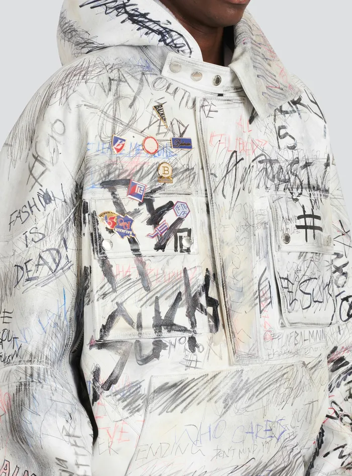Balmain Outerwear Mens Leather Graffiti Aviator Jacket White Balmain Outerwear Mens Leather Graffiti Aviator Jacket White