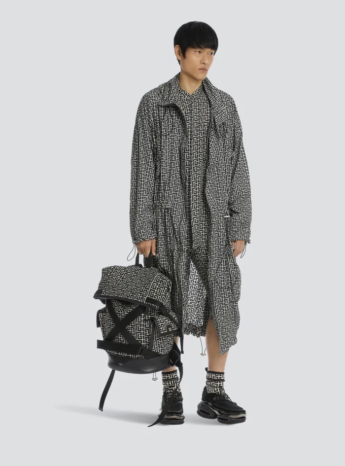 Balmain Outerwear Mens Long Bicolor Hooded Coat With Balmain Monogram Black Balmain Outerwear Mens Long Bicolor Hooded Coat With Balmain Monogram Black