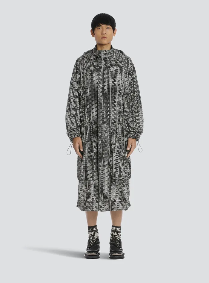 Balmain Outerwear Mens Long Bicolor Hooded Coat With Balmain Monogram Black Balmain Outerwear Mens Long Bicolor Hooded Coat With Balmain Monogram Black