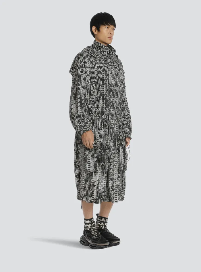 Balmain Outerwear Mens Long Bicolor Hooded Coat With Balmain Monogram Black Balmain Outerwear Mens Long Bicolor Hooded Coat With Balmain Monogram Black