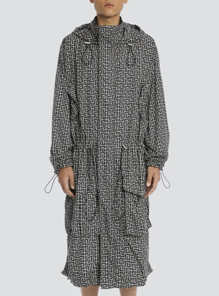 Balmain Outerwear Mens Long Bicolor Hooded Coat With Balmain Monogram Black Balmain Outerwear Mens Long Bicolor Hooded Coat With Balmain Monogram Black