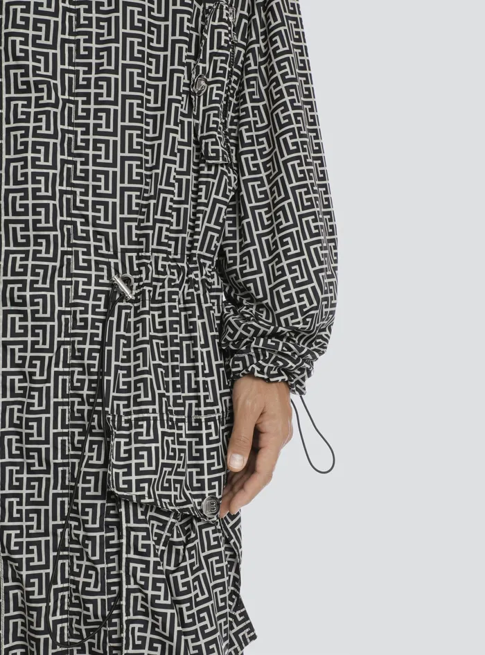 Balmain Outerwear Mens Long Bicolor Hooded Coat With Balmain Monogram Black Balmain Outerwear Mens Long Bicolor Hooded Coat With Balmain Monogram Black