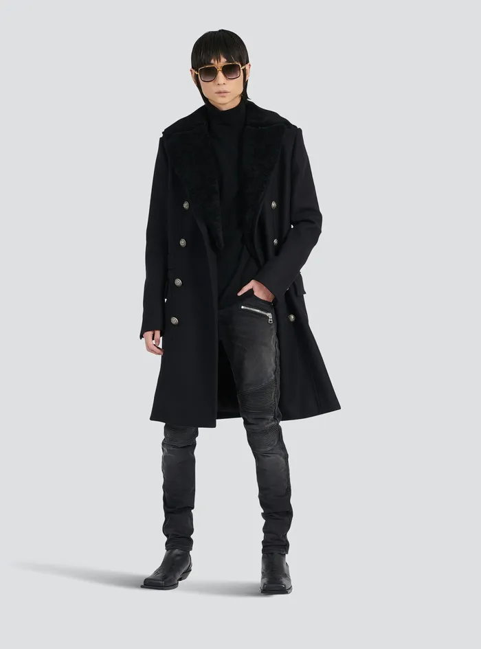 Balmain Outerwear Mens Long Wool Coat With Detachable Collar Black Balmain Outerwear Mens Long Wool Coat With Detachable Collar Black