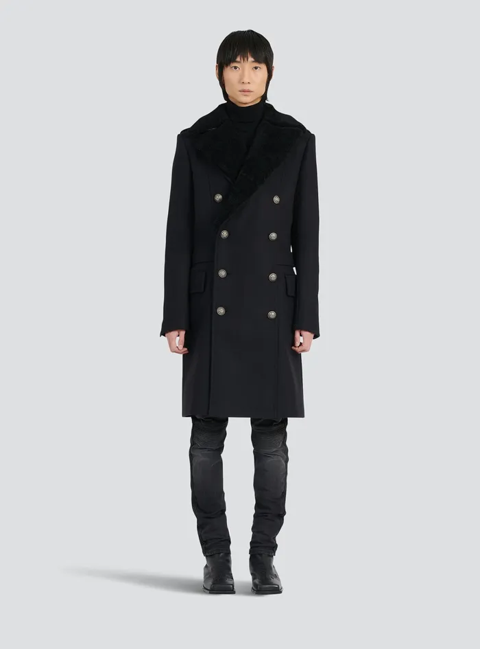 Balmain Outerwear Mens Long Wool Coat With Detachable Collar Black Balmain Outerwear Mens Long Wool Coat With Detachable Collar Black