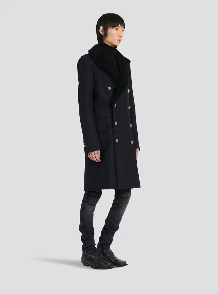 Balmain Outerwear Mens Long Wool Coat With Detachable Collar Black Balmain Outerwear Mens Long Wool Coat With Detachable Collar Black
