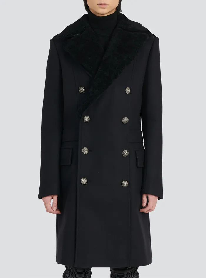 Balmain Outerwear Mens Long Wool Coat With Detachable Collar Black Balmain Outerwear Mens Long Wool Coat With Detachable Collar Black