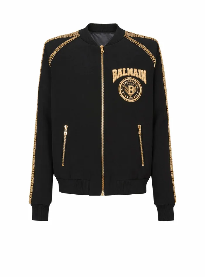 Balmain Outerwear Mens Nylon Bomber Jacket With Embroidered GoldTone Studs Black Balmain Outerwear Mens Nylon Bomber Jacket With Embroidered GoldTone Studs Black