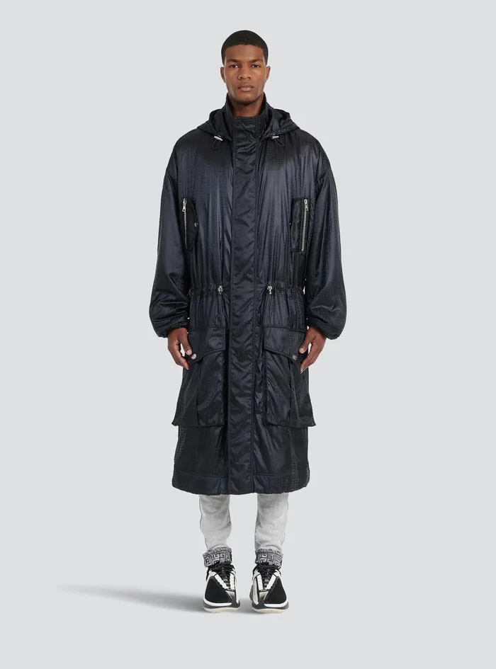 Balmain Outerwear Mens Oversized Nylon Parka With Balmain Monogram Black Balmain Outerwear Mens Oversized Nylon Parka With Balmain Monogram Black