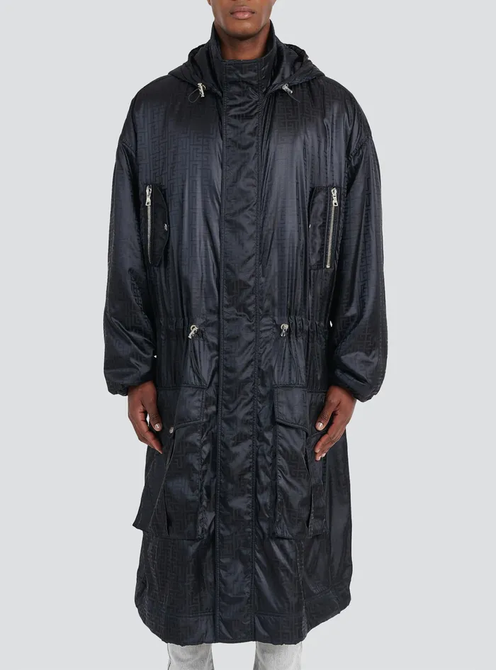 Balmain Outerwear Mens Oversized Nylon Parka With Balmain Monogram Black Balmain Outerwear Mens Oversized Nylon Parka With Balmain Monogram Black