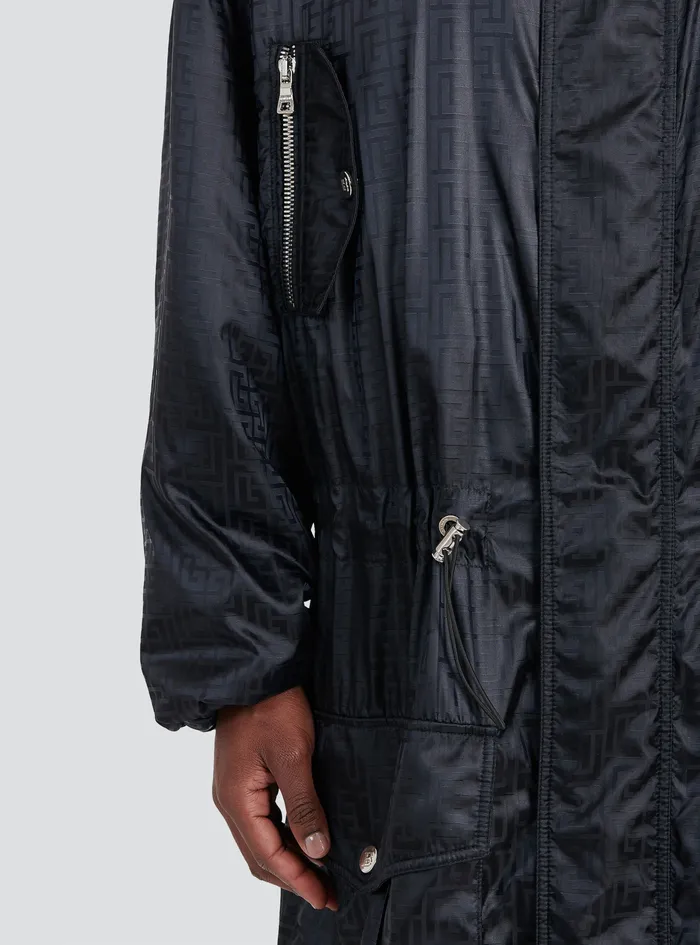 Balmain Outerwear Mens Oversized Nylon Parka With Balmain Monogram Black Balmain Outerwear Mens Oversized Nylon Parka With Balmain Monogram Black
