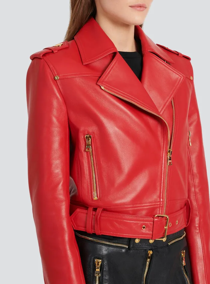Balmain Outerwear Womens Cropped Leather Biker Jacket Red
