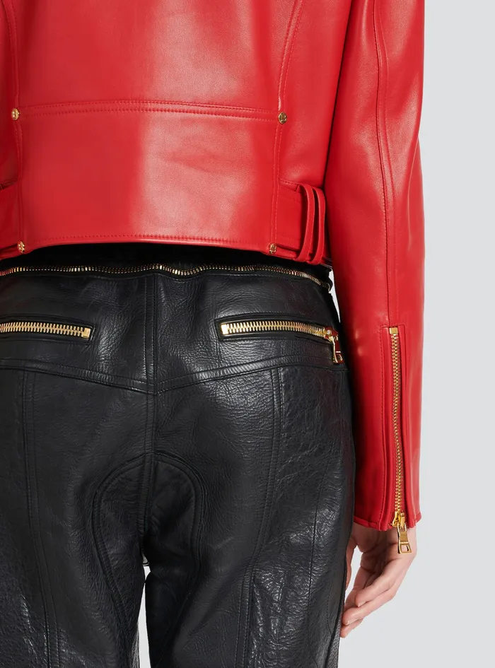 Balmain Outerwear Womens Cropped Leather Biker Jacket Red