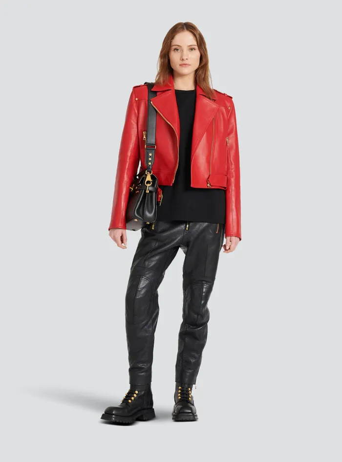 Balmain Outerwear Womens Cropped Leather Biker Jacket Red